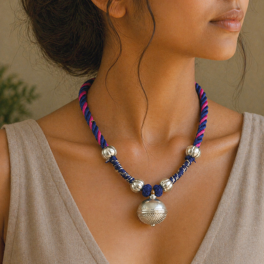 Vintage Indian sterling silver beaded choker necklace with tribal design, ideal for bridal jewelry or traditional wedding attire.
