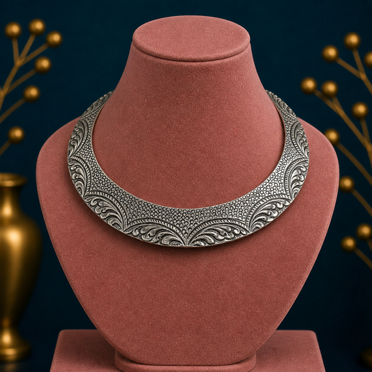 Vintage Indian tribal style 925 sterling silver Chitai Kandrai work Choker necklace, handcrafted tribal jewelry set.