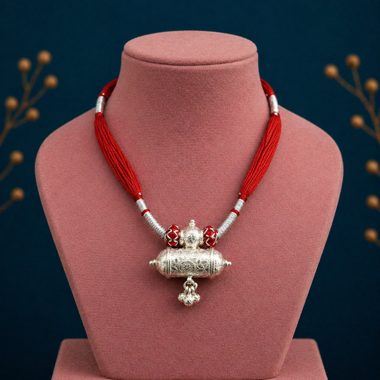 Vintage Indian tribal silver charm necklace with intricate traditional design, ideal for brides and special occasions.