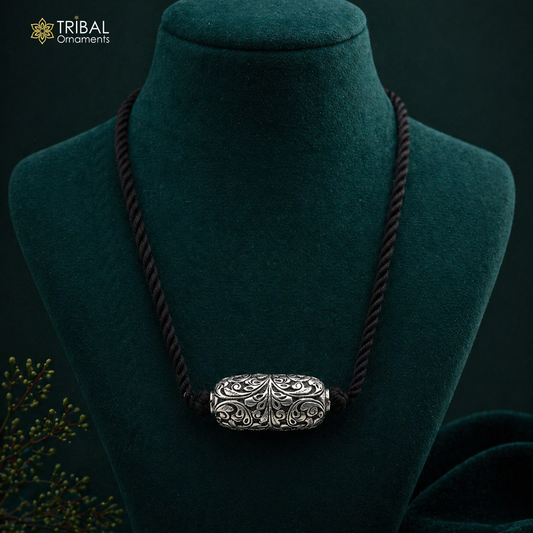 Vintage Indian tribal silver choker necklace with Chitai work and pendant, crafted in 925 sterling silver, traditional tribal jewelry.