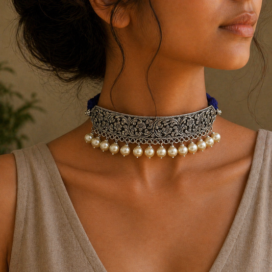 Vintage floral and pearl sterling silver charm necklace with tribal chitai work and hanging pendant, showcasing intricate tribal jewelry design.