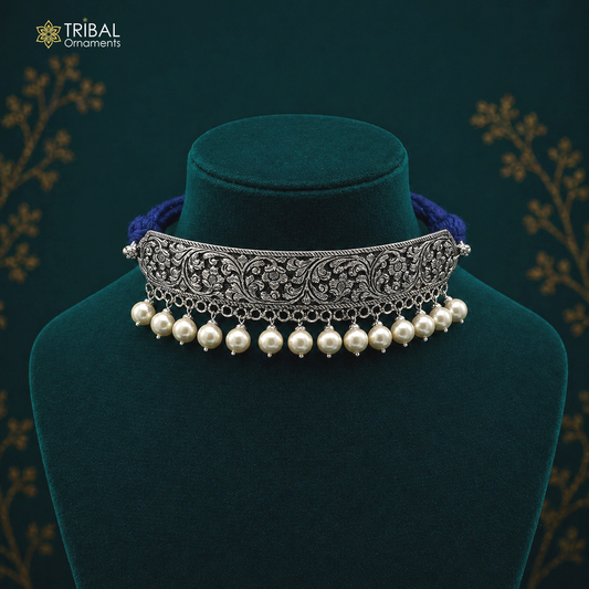Vintage floral design sterling silver choker necklace with hanging pearl charm and tribal Kandrai work jewelry.