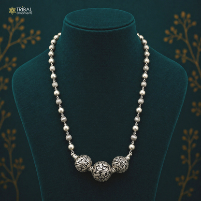 Vintage handmade sterling silver beaded necklace with tribal chitai work, perfect for tribal dance or bridal jewelry.