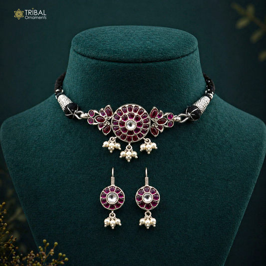 Vintage red stone and pearl necklace set in 925 sterling silver with adjustable thread, featuring custom guttapusalu design.