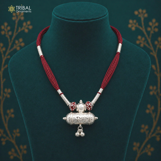 Vintage solid silver Indian wedding charm necklace with traditional tribal design, perfect for bridal jewelry and special occasions.