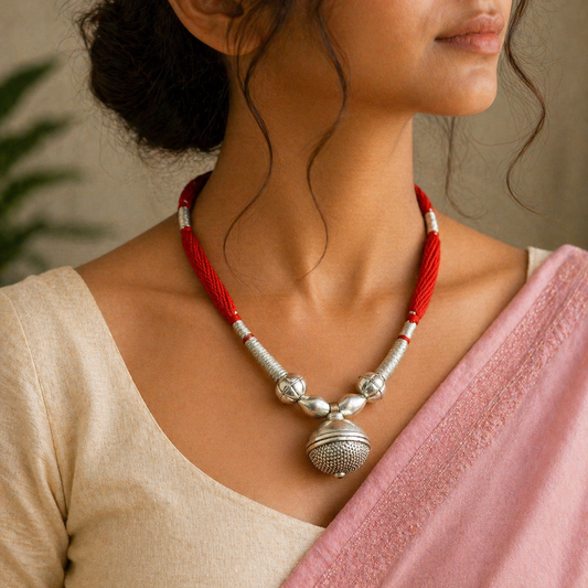 Vintage sterling silver beads and red thread charm necklace, tribal wedding choker, adjustable jewelry set by TRIBAL ORNAMENTS.