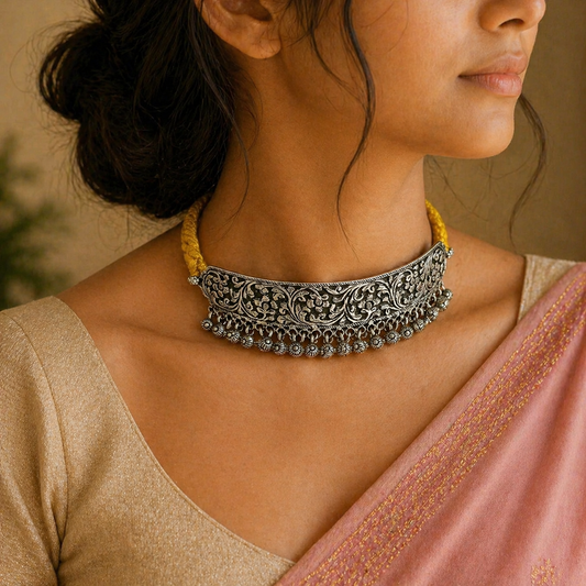 Vintage traditional sterling silver chitai charm necklace and choker tribal jewelry set, custom design with intricate kandrai work.