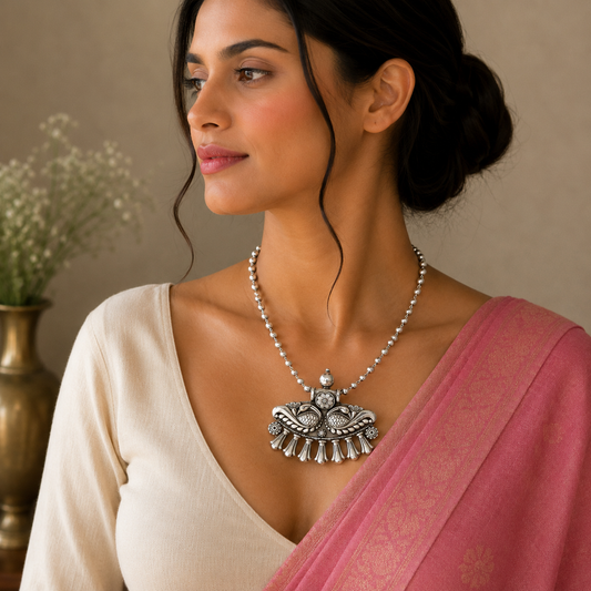 Vintage tribal-style long silver necklace with handcrafted 925 sterling silver pendant featuring cultural design and ethnic tribal details.