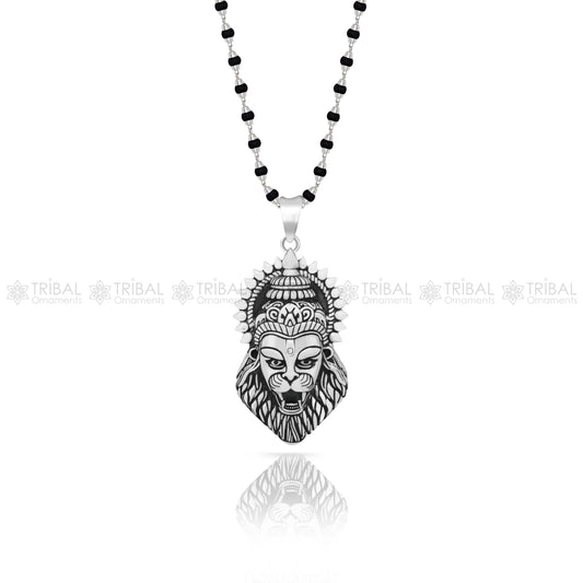 925 Sterling silver Lord Vishnu avatar Narsimha pendant with Black and white rosary beads (tulsi mala) meditation necklace  NSP813