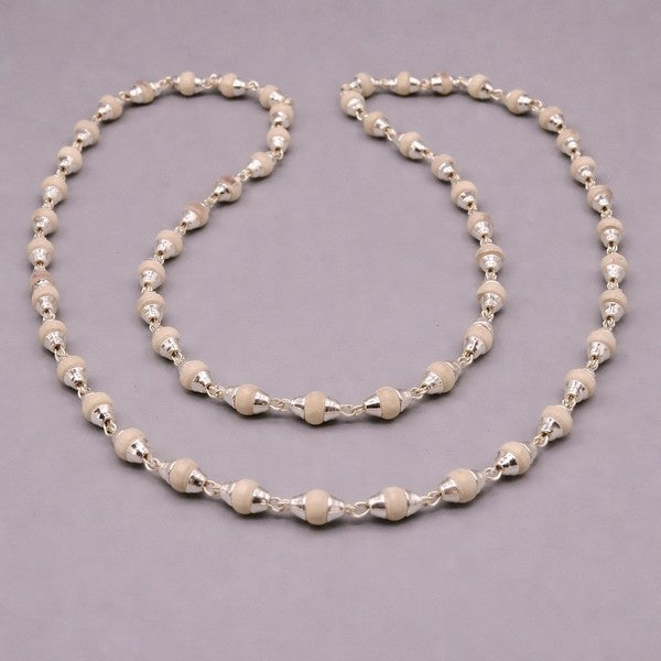 Sterling silver Tulsi Mala necklace with handcrafted basil bead rosary chain, Ayurvedic spiritual jewelry by TRIBAL ORNAMENTS