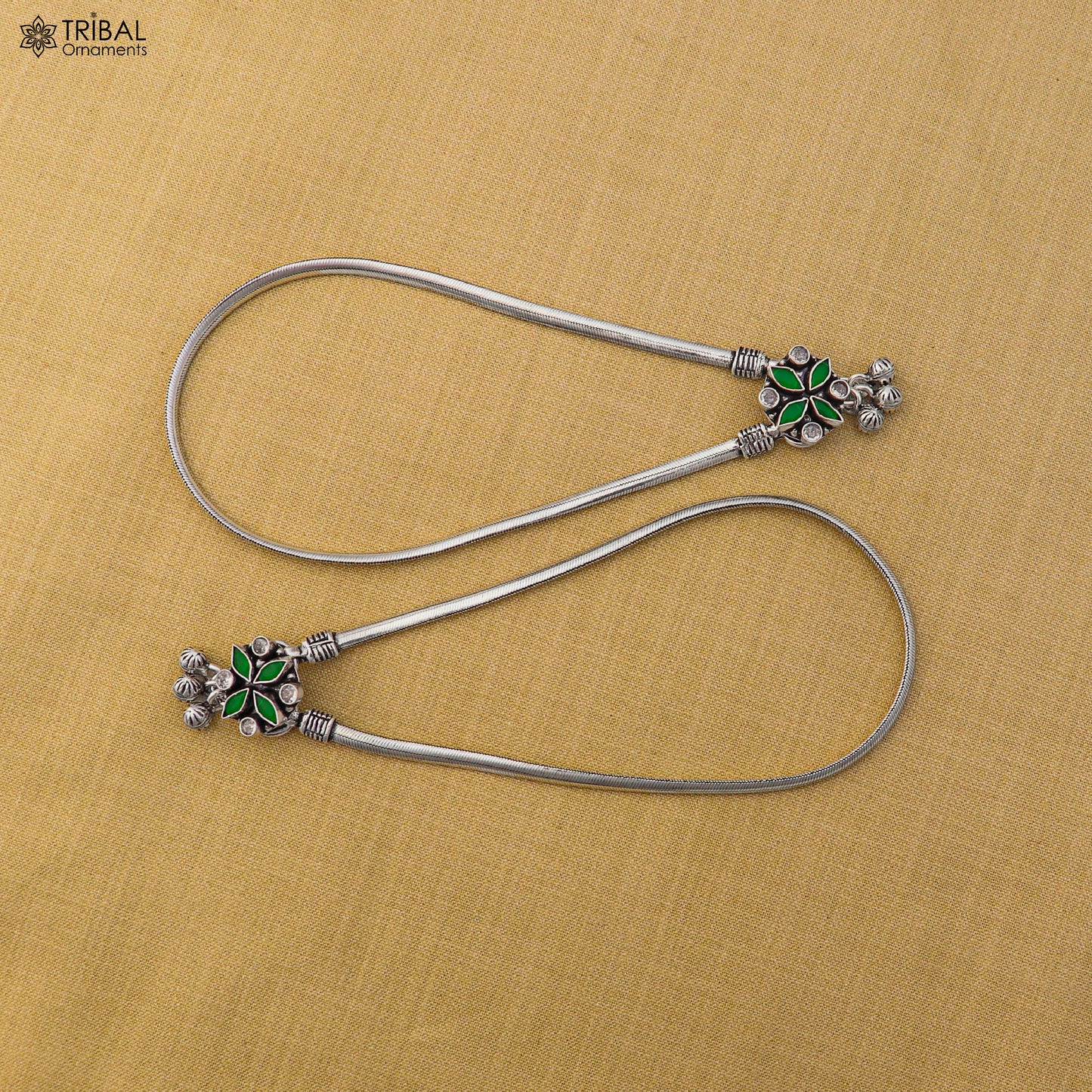 10.5" 925 sterling silver floral design stone anklets foot bracelet belly dance jewelry ank757 - TRIBAL ORNAMENTS