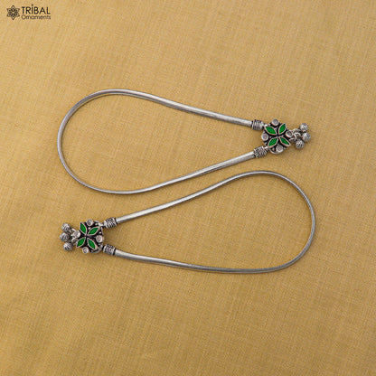 Sterling silver floral design anklet with stone accents, tribal ornament foot bracelet for belly dancing, 10.5-inch length.