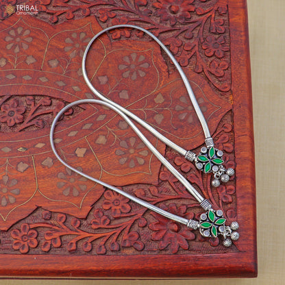Sterling silver floral design anklet with stone accents, tribal ornaments foot bracelet for belly dance jewelry, 10.5 inches long.