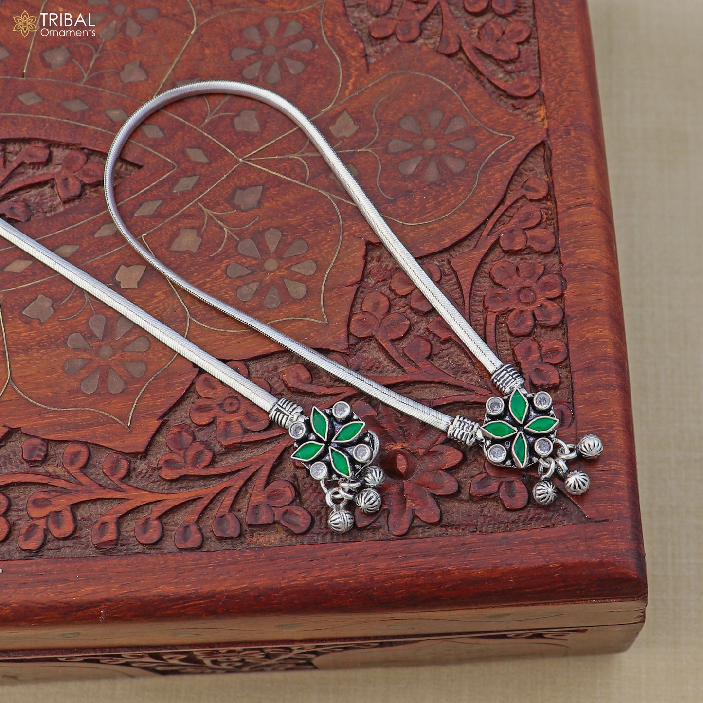 10.5" 925 sterling silver floral design stone anklets foot bracelet belly dance jewelry ank757 - TRIBAL ORNAMENTS