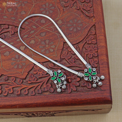 Sterling silver floral design anklet with stone accents, TRIBAL ORNAMENTS foot bracelet for belly dance jewelry, 10.5 inches long.