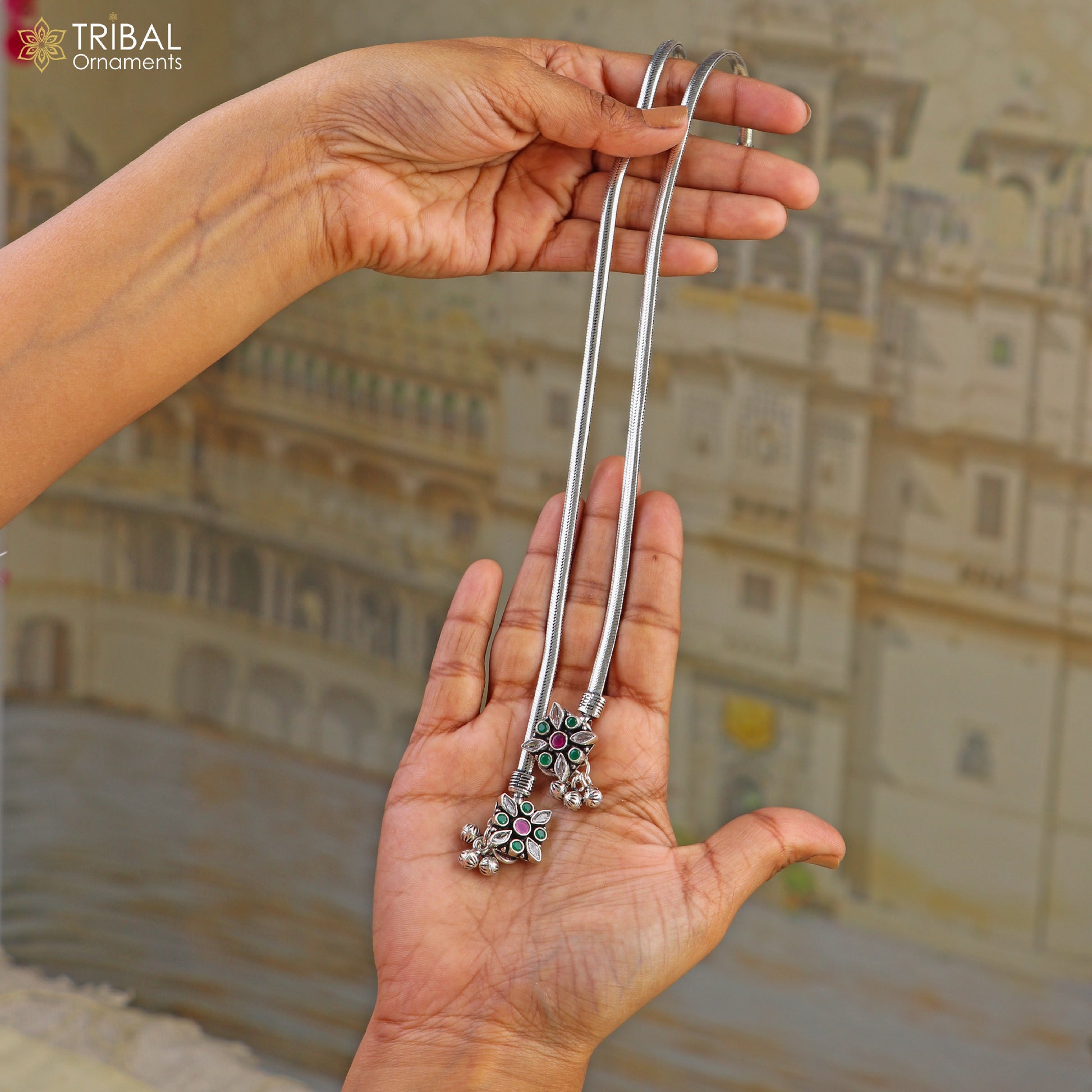 10.5" 925 sterling silver floral design stone anklets foot bracelet belly dance jewelry ank751 - TRIBAL ORNAMENTS