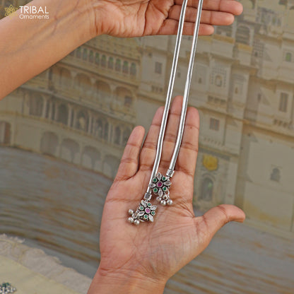 Sterling silver floral design anklet with stone accents, featuring a foot bracelet style for belly dance jewelry by Tribal Ornaments.