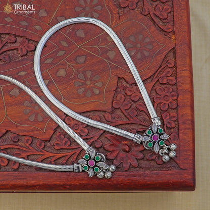 Sterling silver floral design anklet with stone accents, tribal-inspired foot bracelet for belly dance jewelry, 10.5 inches length.