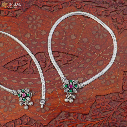 10.5" 925 sterling silver floral design stone anklets foot bracelet belly dance jewelry ank751 - TRIBAL ORNAMENTS