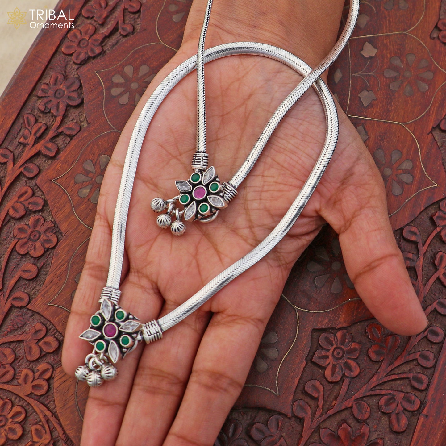 10.5" 925 sterling silver floral design stone anklets foot bracelet belly dance jewelry ank751 - TRIBAL ORNAMENTS