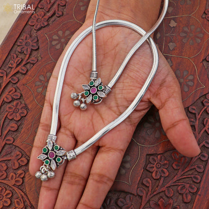 Sterling silver floral design stone anklet from Tribal Ornaments, 10.5-inch foot bracelet for belly dance jewelry.