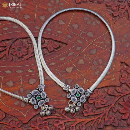Sterling silver 10.5-inch anklet with stone accents, tribal design foot bracelet for belly dance jewelry, model ank752.