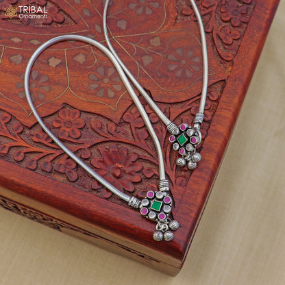 Sterling silver floral design stone anklet by Tribal Ornaments, 10.5-inch foot bracelet for belly dance jewelry.