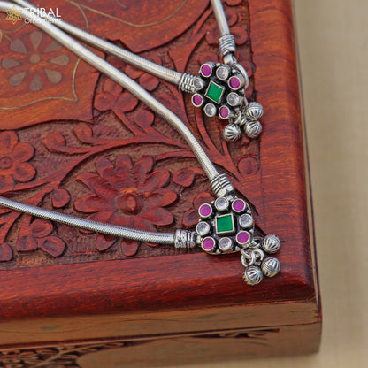 Sterling silver floral design anklet with stones, foot bracelet for belly dance, by TRIBAL ORNAMENTS, 10.5-inch length