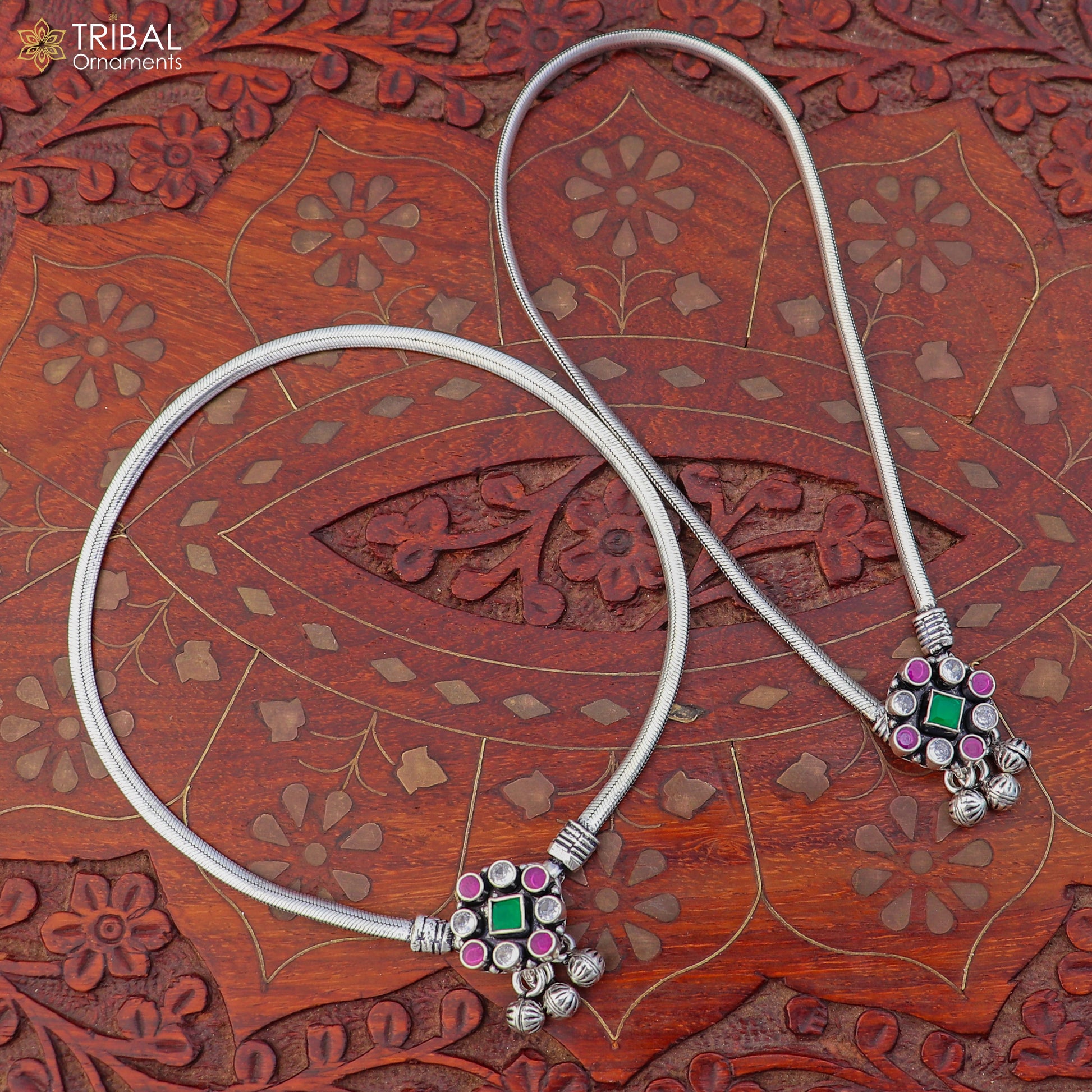 10.5" 925 sterling silver floral design stone anklets foot bracelet belly dance jewelry ank753 - TRIBAL ORNAMENTS