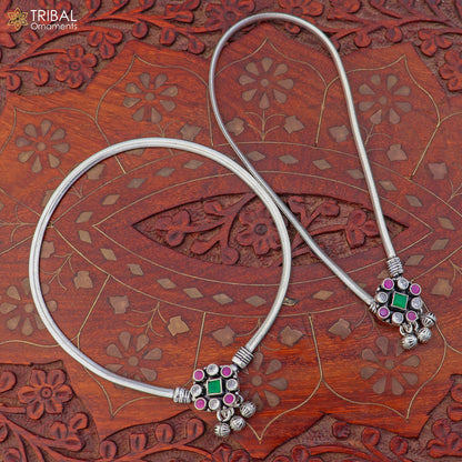 Sterling silver floral design stone anklet by TRIBAL ORNAMENTS, 10.5-inch foot bracelet for belly dance jewelry, ank753_3.jpg