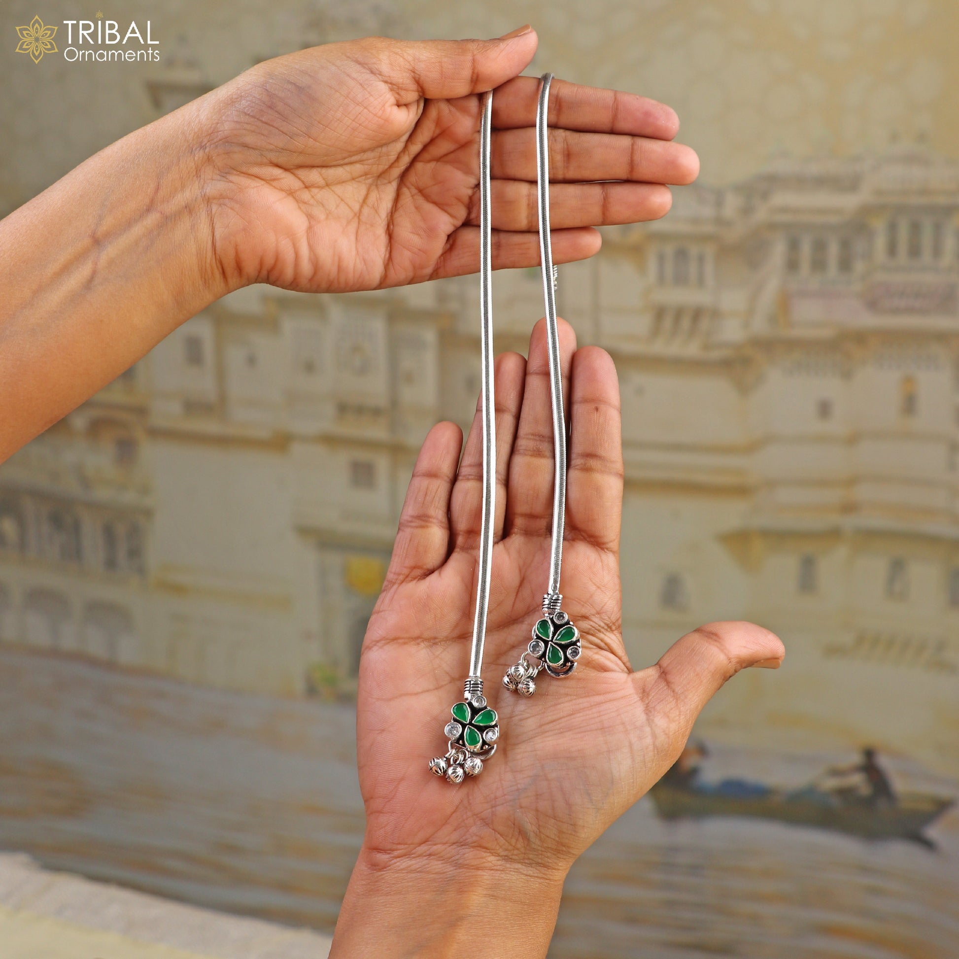 10.5" 925 sterling silver floral design stone anklets foot bracelet belly dance jewelry ank754 - TRIBAL ORNAMENTS