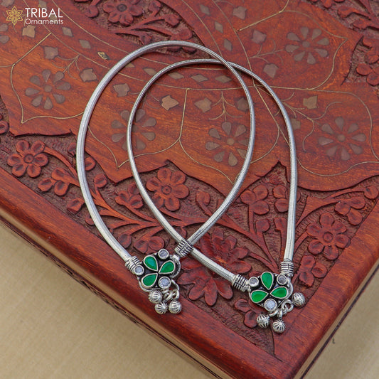 10.5" 925 sterling silver floral design stone anklets foot bracelet belly dance jewelry ank754 - TRIBAL ORNAMENTS