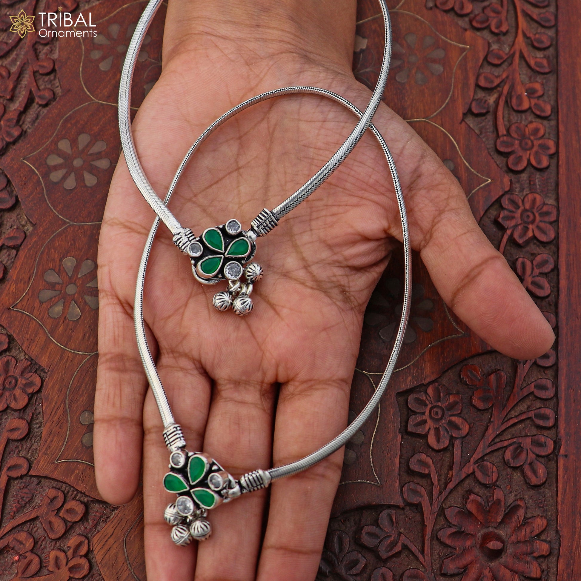 10.5" 925 sterling silver floral design stone anklets foot bracelet belly dance jewelry ank754 - TRIBAL ORNAMENTS