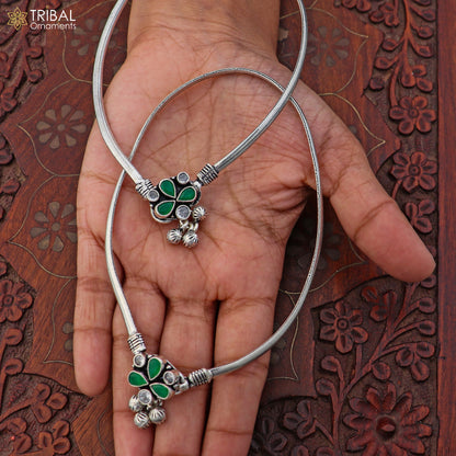 Sterling silver floral design anklet with stones, 10.5-inch foot bracelet for belly dance jewelry by TRIBAL ORNAMENTS