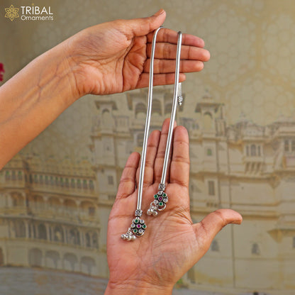 Sterling silver floral design stone anklet by TRIBAL ORNAMENTS, 10.5-inch foot bracelet with intricate belly dance jewelry details.