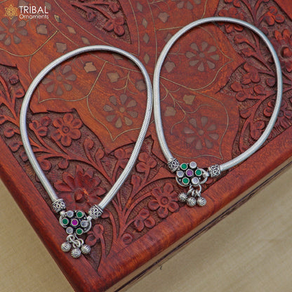 Sterling silver floral design anklet with stones, 10.5-inch foot bracelet for belly dance jewelry by TRIBAL ORNAMENTS