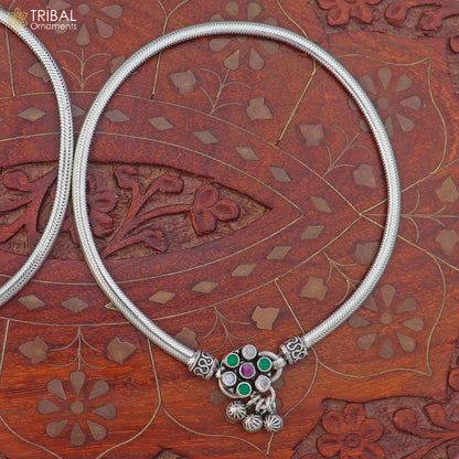 Sterling silver floral design anklet with stone accents, foot bracelet for belly dance jewelry, 10.5-inch length from TRIBAL ORNAMENTS.