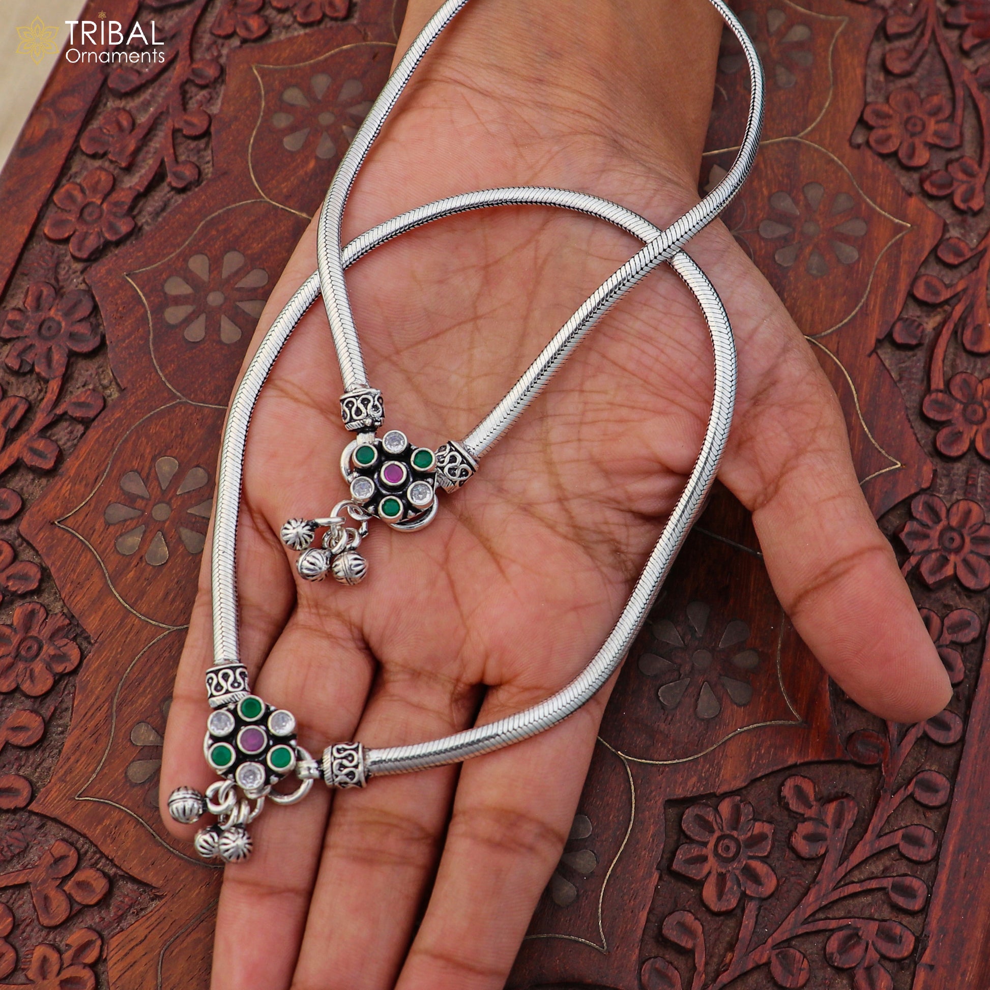 10.5" 925 sterling silver floral design stone anklets foot bracelet belly dance jewelry ank755 - TRIBAL ORNAMENTS