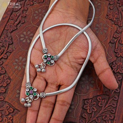 Sterling silver floral design anklet with stones, 10.5-inch foot bracelet for belly dance jewelry by Tribal Ornaments.
