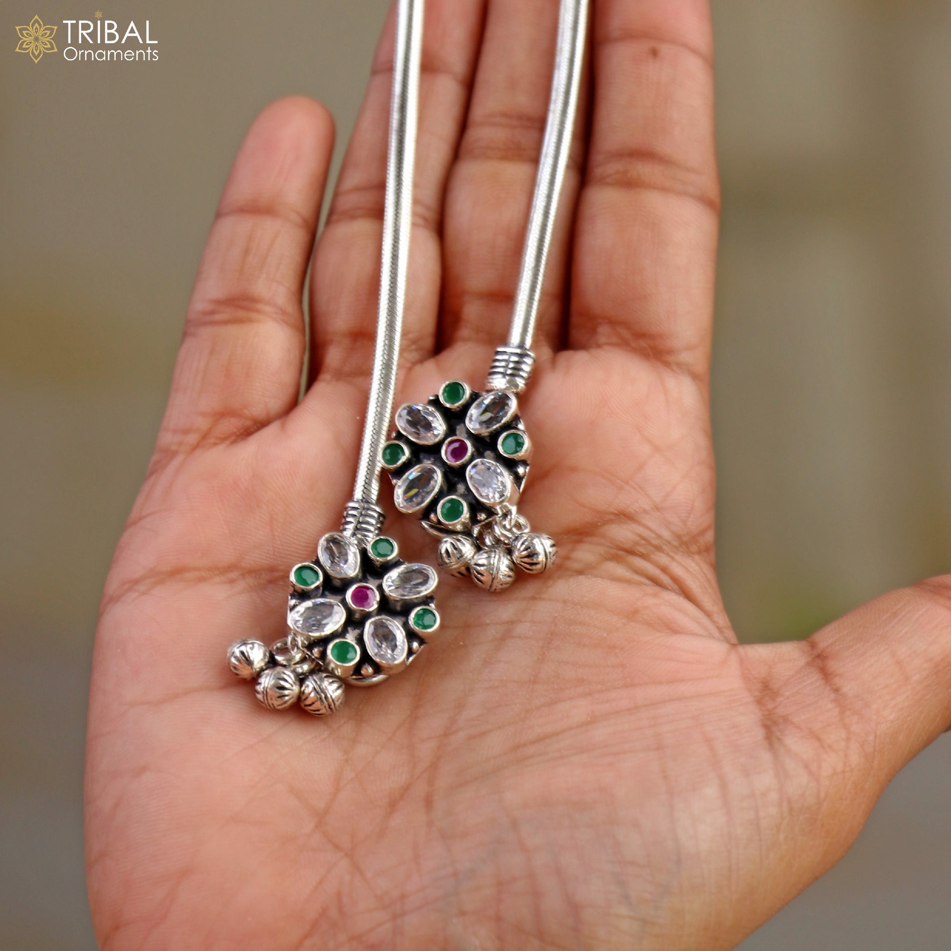 10.5" 925 sterling silver floral design stone anklets foot bracelet belly dance jewelry ank756 - TRIBAL ORNAMENTS