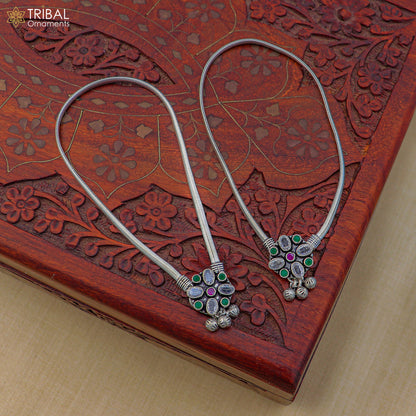 Sterling silver floral design foot anklet with stone accents, tribal jewelry for belly dancing, 10.5-inch length, TRIBAL ORNAMENTS.