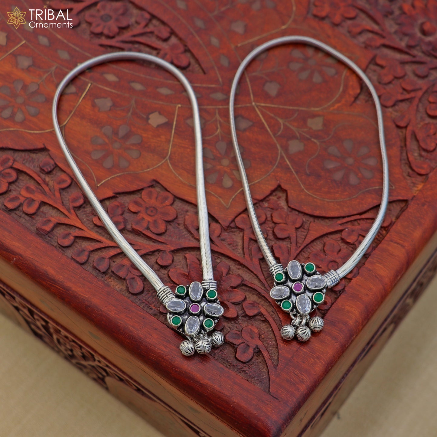 10.5" 925 sterling silver floral design stone anklets foot bracelet belly dance jewelry ank756 - TRIBAL ORNAMENTS