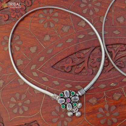 Sterling silver floral design anklet with stone accents, foot bracelet for belly dance, by TRIBAL ORNAMENTS.