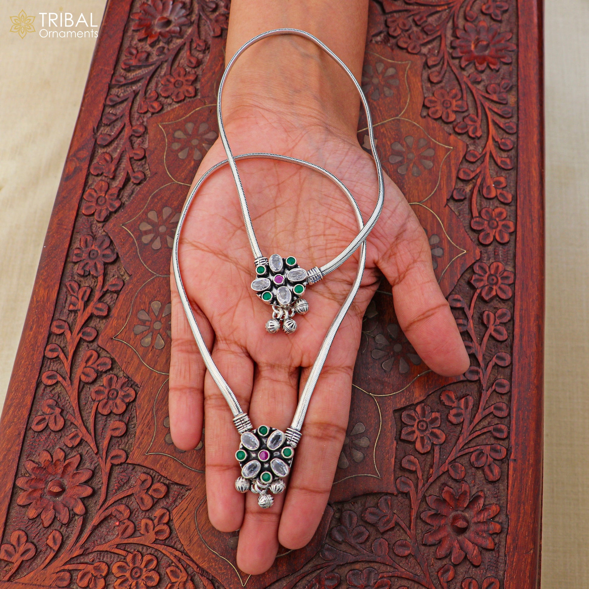 10.5" 925 sterling silver floral design stone anklets foot bracelet belly dance jewelry ank756 - TRIBAL ORNAMENTS