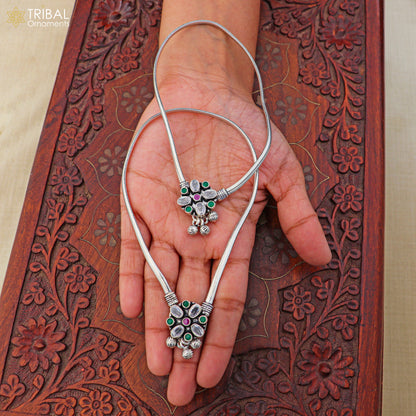 Sterling silver floral design stone anklet by TRIBAL ORNAMENTS, 10.5-inch foot bracelet with intricate floral jewelry details.