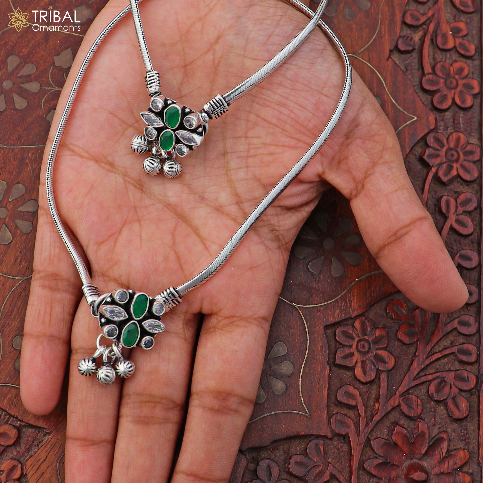 10.5" 925 sterling silver floral design stone anklets foot bracelet belly dance jewelry ank758 - TRIBAL ORNAMENTS