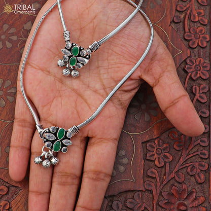Sterling silver floral design anklet with stone accents, TRIBAL ORNAMENTS foot bracelet for belly dance jewelry, 10.5 inches long.