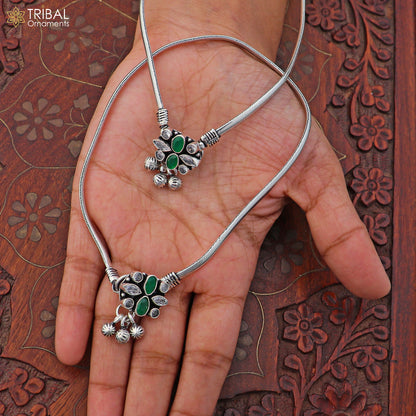 Sterling silver floral design anklet with stones, foot bracelet for belly dance, style ank758 by TRIBAL ORNAMENTS