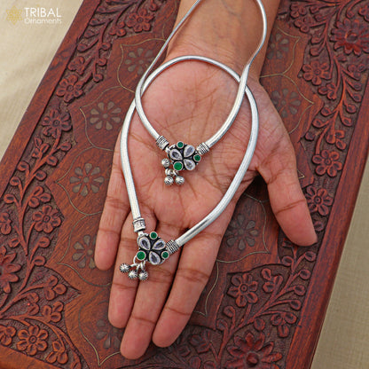 Sterling silver floral design anklet with stone accents, 10.5-inch foot bracelet for belly dance jewelry by Tribal Ornaments.