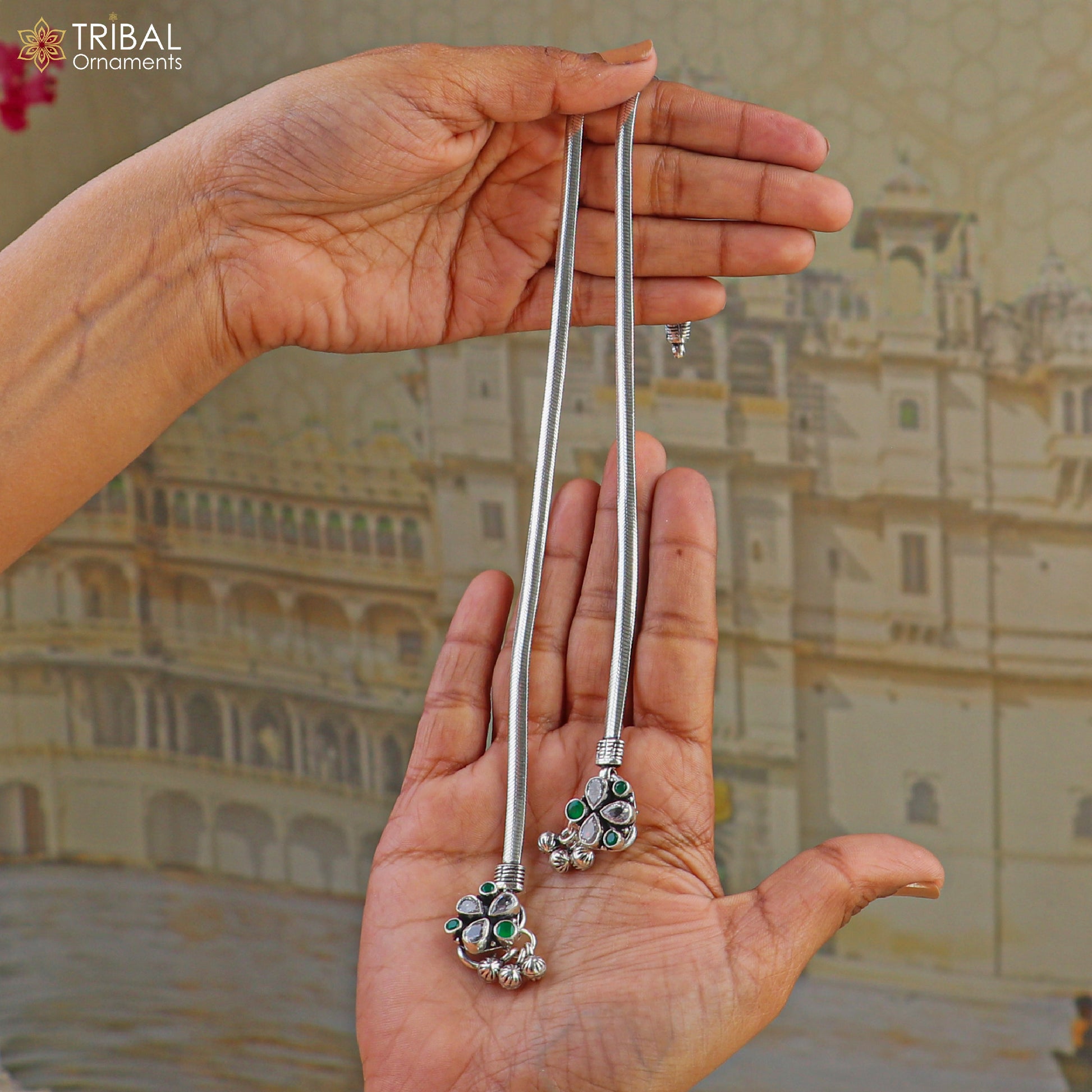 10.5" 925 sterling silver floral design stone anklets foot bracelet belly dance jewelry ank759 - TRIBAL ORNAMENTS